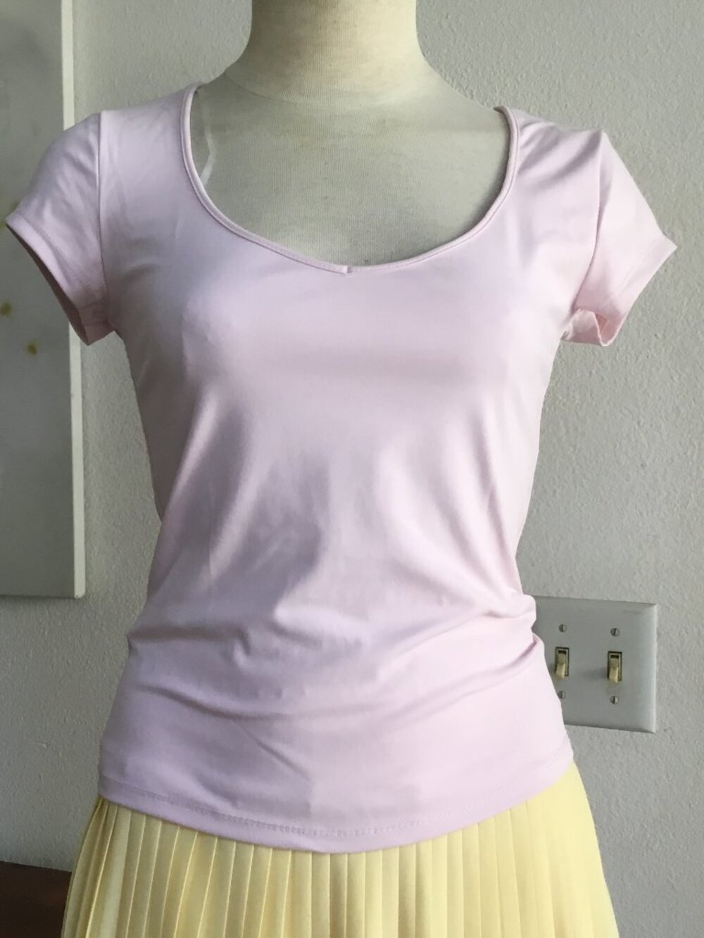 SHOSHO Basic Soft Top Tee T-Shirt Scoop Neck Short Sleeve Stretch Light Pink XL